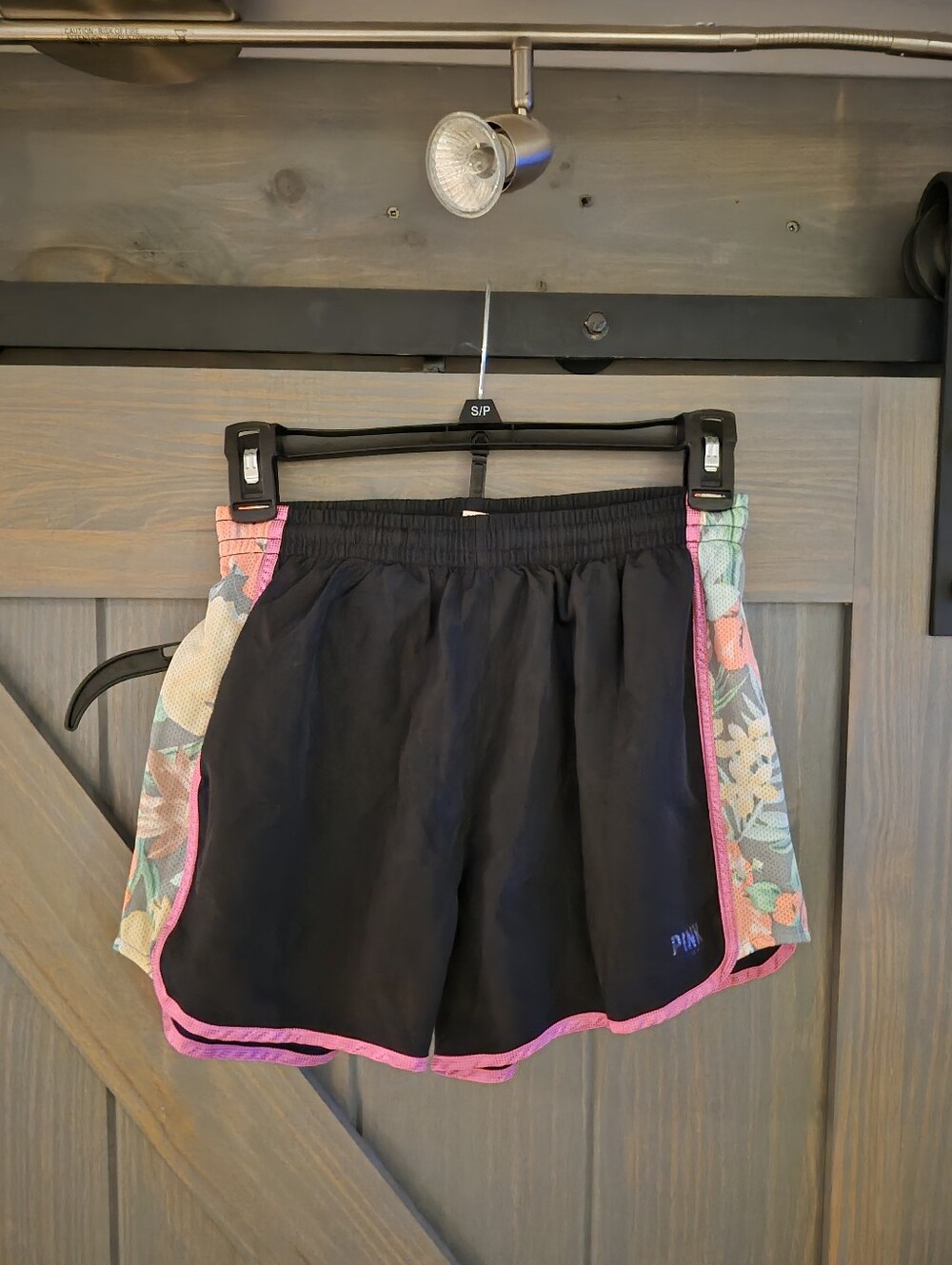 PINK Victoria's Secret Black Athletic Shorts with Pink Trim and Floral Panels